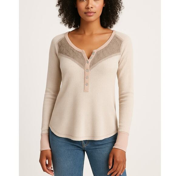 We The Free Cream Waffle Knit Lace Thermal Henley Top Women’s Small - Picture 1 of 8